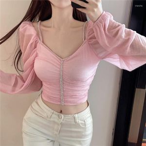 Blouzen met dames roze Koreaanse mode chiffon vrouwen hoge taille off schouder geplooide blouse vrouw schuine nek lange mouw top druppel druppel