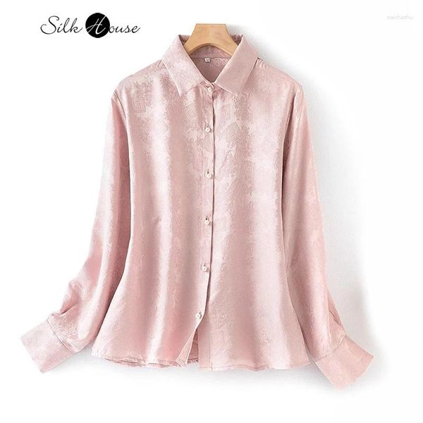Blouses pour femmes Pink Natural Mulberry Silk Jacquard Hualuo Long Manche à manches longues Simplicité Bureau Couplage à la mode