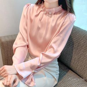 Damesblouses Roze Satijnen Overhemd Lange Mouwen Herfstkleding 2023 High-End Temperament Chic Kralen Opstaande Kraag Blouse Blusas