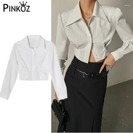 Blouses pour femmes Pinkoz Designer Short White Tops Single Breasted Turn Down Collar Long High Street Clothing High Street Y2K Chemise de chemise