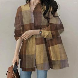 Blouses pour femmes Plaid Top Top Femmes Élégant Cardigan Colorbock Tendy Tendy Loose Spring / Fall Shirt With Turn-Down Collar