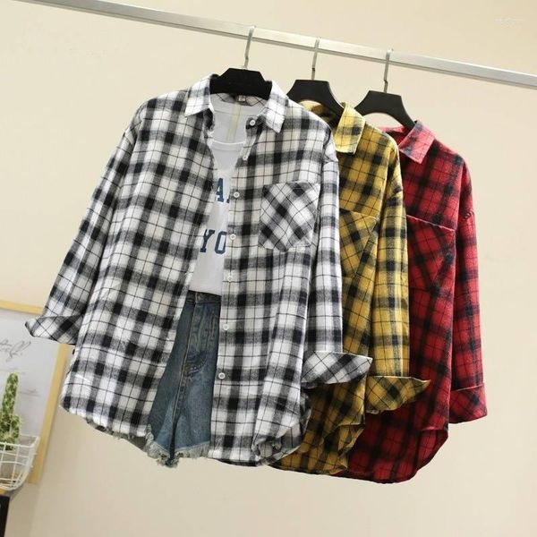 Blusas de mujer camisa a cuadros estilo perezoso Retro cárdigan suelto abrigo femenino de manga larga otoño primavera ropa de Corea del Sur A623