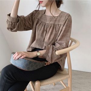 Blouses pour femmes Plaid Femmes Summer Tops Femme Casual Shirt Long Sleeve Cotton Girls Blouse Solid Loose Blusas de Mujer Puff