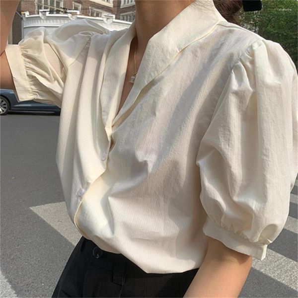 Blouses femme PLAMTEE jaune clair col en v femmes chemises Vintage manches bouffantes 2023 Chic haute rue été OL solide mode Blusas