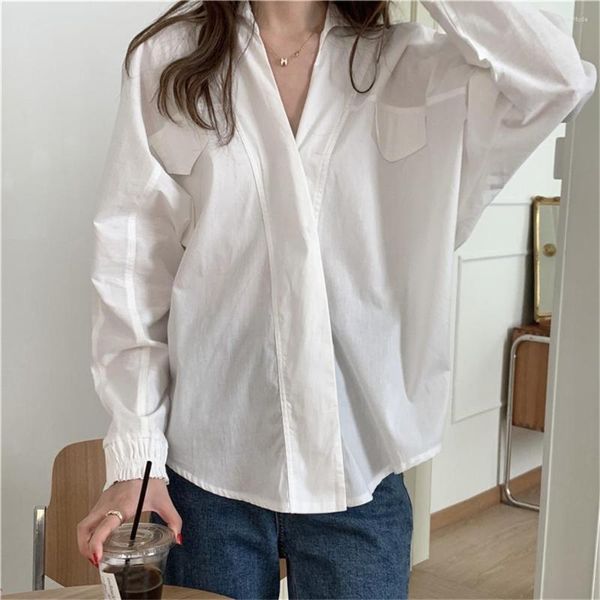 Blusas de Mujer PLAMTEE, camisas blancas con cuello en V, elegantes para Mujer, otoño Vintage, manga completa, moda 2023, sueltas, para oficina, para Mujer, sólidas y delgadas para Mujer