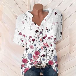 Damesblouses vliegtuig vrouwen shirts shirts dames knopen katoen en linnen met korte mouwen gedrukte bloemenblouse met zakfoto