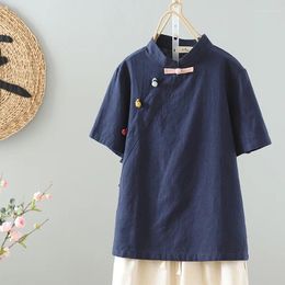 Blusas de mujer Hebilla de la placa de altura corta Blusa de estilo chino Femenino 2024 Versión coreana de verano del temperamento de gran tamaño suelto casual
