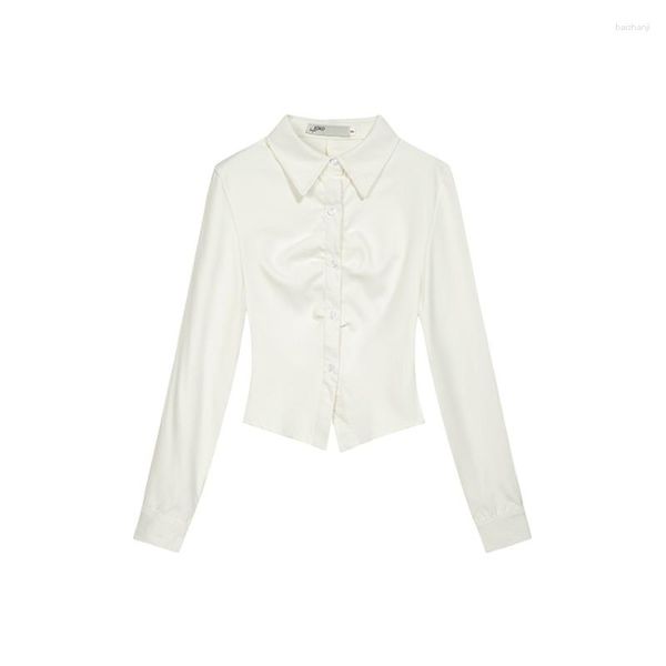 Blusas para mujer, diseño plisado, camisa blanca ajustada de manga larga, estilo de viaje para primavera y otoño, cárdigan fino de una sola botonadura para chica joven