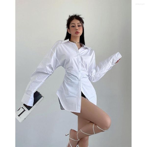 Blouses pour femmes plissées taille haute blanc petit haut femmes à manches longues chemises mode Sexy coréen Blouse hauts 2023 M888