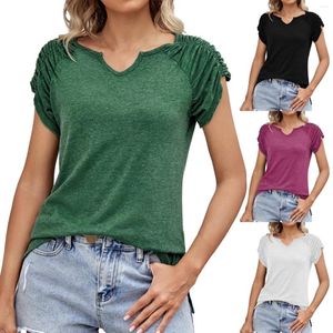 Blouses pour femmes plissées à manches courtes col en V t-shirts femmes lâche Casaul couleur unie coton Blouse 2023 été dame bureau travail pull