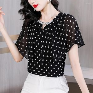 Blusas de mujer de talla grande 3XL de gasa a la moda para mujer, ropa elegante para mujer, Tops con cuentas, camisa de manga de mariposa negra con lunares