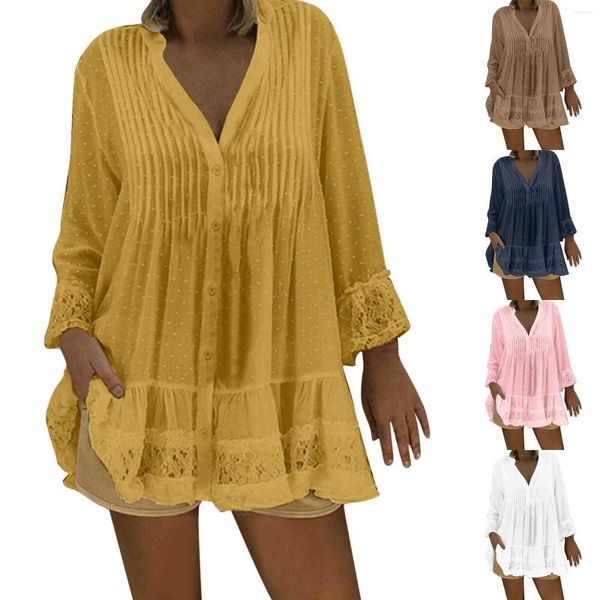 Blouses pour femmes grande taille 5XL Boho femmes hauts et chemises en mousseline de soie en dentelle creuse automne à manches longues col en V lâche Blouse blanche Blusa