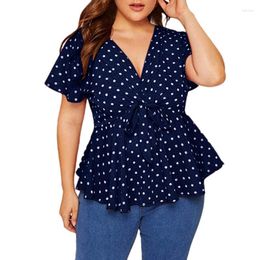 Bluzki damskie Plus rozmiar bluzka Polka Dot Bow V Neck koszula z krótkim rękawem węzeł przód Top odzież damska 2023 #