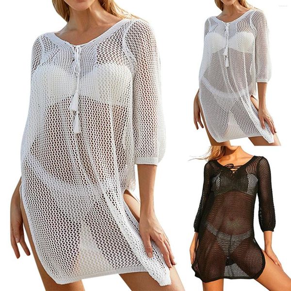 Chemisiers pour femmes, plus la taille Crochet Bikini Cover Up avec bordure à franges Femmes Sexy Tunique creuse Robe de plage 2023 Maillot de bain d'été Beachwear