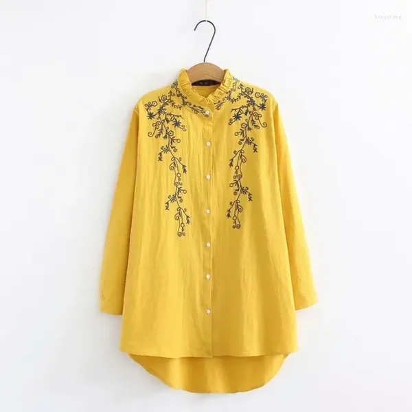 Blouses Femmes Plus Taille Collier à volants à manches longues Femmes 2023 Brodé Blanc Bleu Foncé Jaune Chemise Printemps Automne Dames Tops