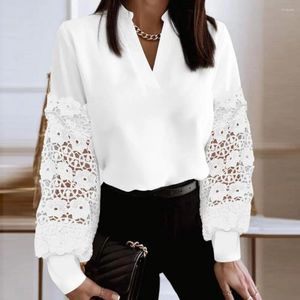 Damesblouses Grote maten V-hals top Dames losvallend overhemd Elegant patchwork Kant splitsen Kantoor dame blouse Pofmouwen Pullover Tops