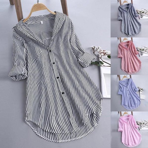 Blusas de mujer de talla grande, camisas tipo túnica para mujer, blusa a rayas, primavera otoño, camisa de manga larga con cuello de pico y botones grandes para mujer, Blusas 5xl