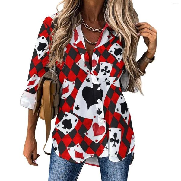 Blusas de mujer cartas de póquer blusa suelta jugando moda callejera camisa Vintage de manga larga de gran tamaño para mujer Tops gráficos de primavera