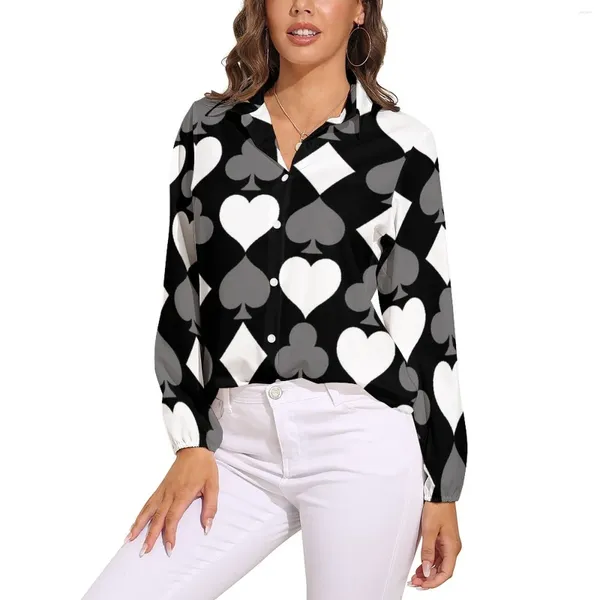 Blusas de mujer, blusa con estampado de cartas de póker, trajes de cartas para mujer, camisa moderna holgada informal de manga larga, ropa estampada de talla grande