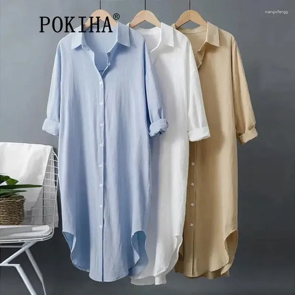 Blusas de mujer Pokiha 2023, ropa coreana de primavera, vestido camisero blanco de longitud media de algodón y lino Vintage para verano, Tops elegantes para mujer