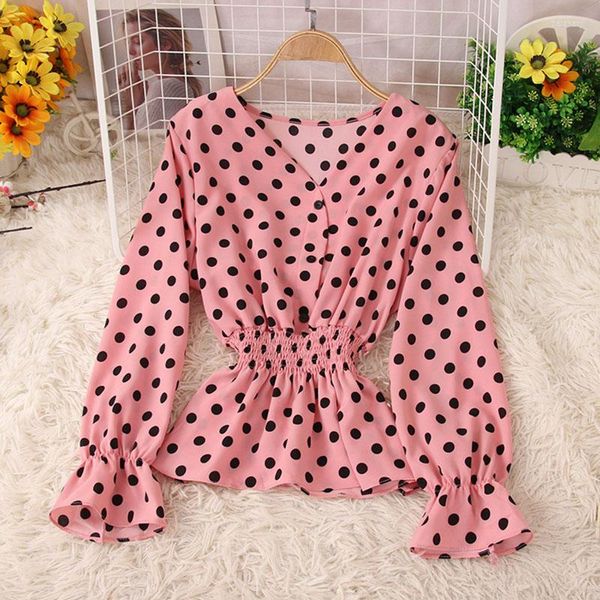 Blouses pour femmes Polka Dot Blouse Rose Corset Top À Manches Longues Col En V Chemise Femmes Coréenne En Mousseline De Soie Chemises 2023 Automne Mode Vêtements Tunique