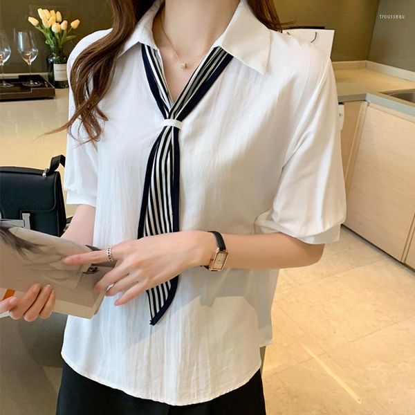 Blouses Femmes Polka Dot Ceintures En Mousseline De Soie Femmes Bureau Col En V Chemise De Mode Coréenne Femme À Manches Courtes 2023 Été Tops Chemisier Femme