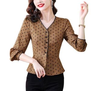 Women's Blouses Polka Dot Shirt Dames Spring 2023 Rok klein met taille en westerse stijl Slim Short Lotus Leaf Chiffon Top