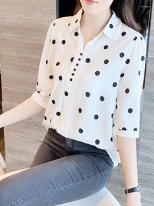 Dames blouses polka dot dames shirt zomer chiffon halve mouw button up office dames top camisas pullover mode vrouw 2022