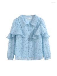 Blouses Femme Col POLO À Volants À Pois Bleu Chemise À Manches Longues Femme Printemps Automne Vintage Français Bureau Fille Conception Simple Chemisier Mince