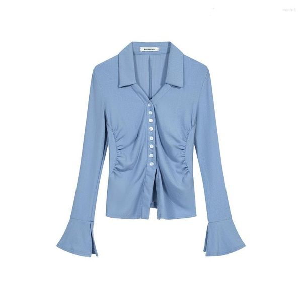 Blusas de mujer con cuello de polo Altavoz Camisa azul de manga larga Estilo de primavera verano Chic Mujer Sexy Slim Fitting Single Breasted Cardigan