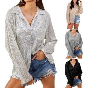 Blouses pour femmes Chemise à paillettes en polyester Femmes Cardigan à revers pailleté pour une performance brillante Club Top de fête Doux Lâche Solide