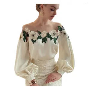 Damesblouses Polyester overhemd Dames Elegant satijn geborduurd gaas voor stijlvolle blouse met lange mouwen en netstiksels Comfortabel