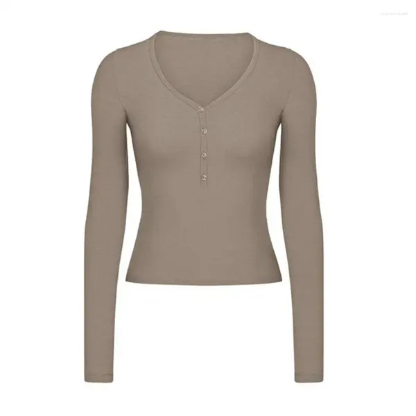 Blusas de mujer Poliéster Top de mujer con cuello en V profundo Otoño Ropa casual Cuello en V Camiseta delgada con escote de botón Sexy Sólido