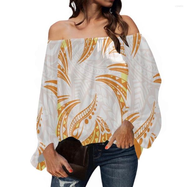 Chemisiers pour femmes Polynesia Tribe Print Women Off Shoulders Long Sleeve Chiffon Shirt Women's Gold Luxury Design Ladies