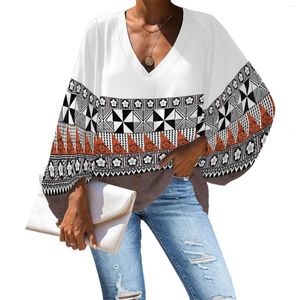 Women's Blousses Polynesische tribal Hawaiian Totem Tattoo Hawaii Prints Spring Women V Neck Blouse Office Lady Elegant Lantern Sleeve Tops