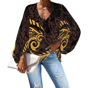 Blouses Femmes Polynésien Tribal Pohnpei Totem Tatouage Prints Printemps Automne Femmes Lâche Lanterne Manches Oversize Mousseline De Soie Élégant Sexy