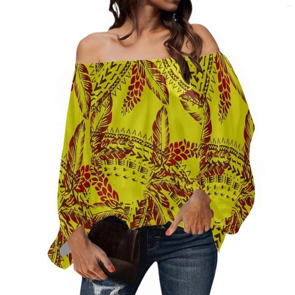 Blusas de mujer Polinesio Tribal Samoan Totem Tattoo Samoa Prints Casual Fashion Style Ladies Shirt -The-Shoulder Chiffon