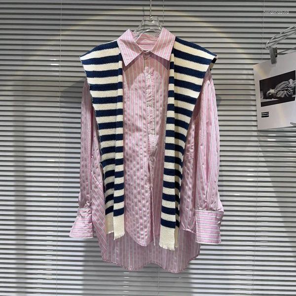 Blusas de mujer prepompomp 2023 Autumn Llegada Blanca Camisa rosa de chal de rayas negras Dos piezas Gl580
