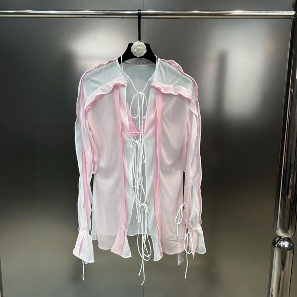 Camicette da donna PREPOMP 2023 Arrivo estivo Manica lunga Rosa Colore a contrasto Multi Fasciatura con lacci Camicia in chiffon sottile con scollo a V Donna 703