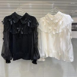 Blouses pour femmes PREPOMP 2024 printemps arrivée lanterne manches perles brodées perles nœud tricot chemisier femmes GP223