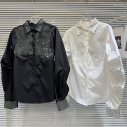 Blusas de mujer PREPOMP 2024 colección de primavera manga larga gradiente diamantes de imitación cuello vuelto camisa Casual mujer GP030