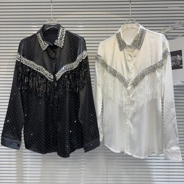 Blusas para mujeres Preparación 2024 Llegada de invierno Camiseta de manga larga Rhinestone bordados Boadings Gire de cuello Diamante Tassel Women GP031