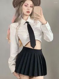 Blusas de mujer Preppy abotonada camisa corta blanca con corbata ajustadas coreanas Top de manga larga blusa de moda 2023 otoño señora Oficina