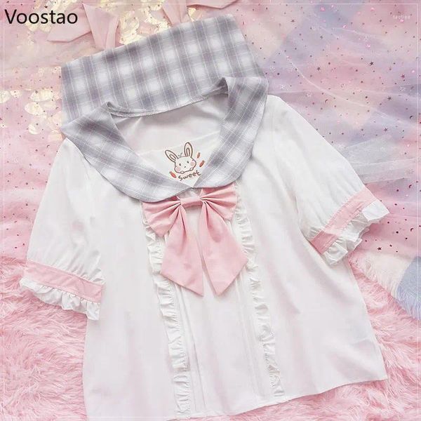 Blusas de mujer estilo Preppy orejas Kawaii chicas adolescentes lindo cuadros marinero Collar arco JK camisa bordada mujeres dulce suelta Tops