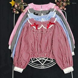 Damesblouses Preppy stijl Sweet Lolita Harajuku Dames Kawaii Boog Kant Gothic Lange mouw Geruite JK Shirts Girly Y2K Schattig Blusas Mujer