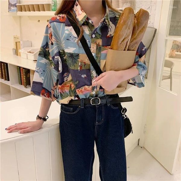 Blusas de mujer Camiseta de manga corta con estampado Tejido de punto Diseño elegante Blusa de mujer hermosa Moda coreana Playa Suelta Casual 2023 Top de verano