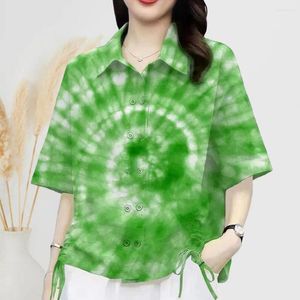 Blouses voor dames gedrukt Dubbele borsten Top Stijlvolle Tie Dye print shirt met trekkoordontwerp Casual Rapel Korte mouw voor de zomer