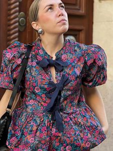 Women's Blosas estampadas Camisas de encaje estampado HOMBLE HOLK OUT OCK CHORK MANEVE CAMISA COMOLOR FOOWS BLUSE 2024 Tops de moda de la calle de verano