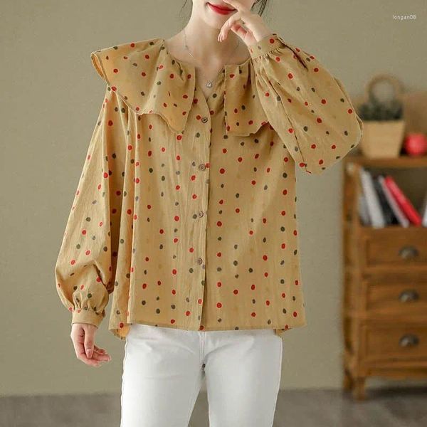Blusas de mujer Camisas estampadas para mujer Cuello de muñeca Cárdigans vintage de gran tamaño Blusa informal de manga larga Tops holgados de moda coreana