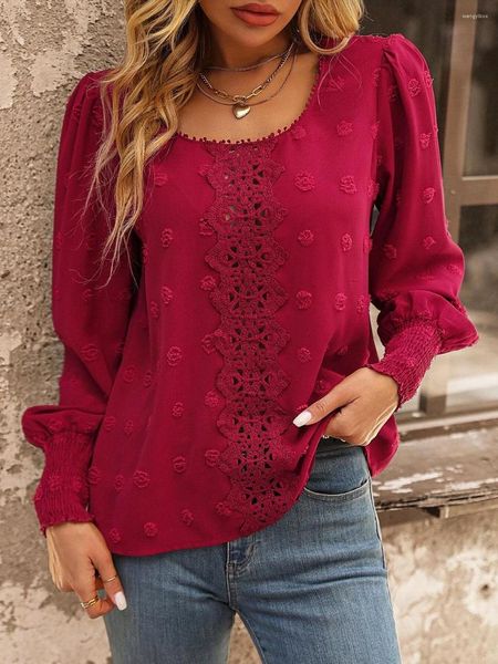 Blouses pour femmes produit 2023 automne mode solide col rond manches à bulles panneau dentelle Style banlieue pull ample chemise